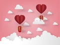 Illustration vector design concept of love and valentine`s day, origami heart vector hot air balloon flying on the sky Royalty Free Stock Photo