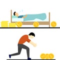 Illustration vector design of people chasing coins and sleeping man invited coins in flat design