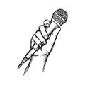 illustration vector doodle hand drawn of sketch hand with microphone.