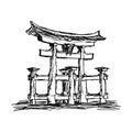 Illustration vector doodle hand drawn of sketch itsukushima shrine