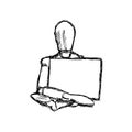 illustration vector doodle hand drawn of sketch mannequin old wooden dummy holding empty board. Royalty Free Stock Photo