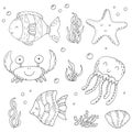 Illustration Vector doodle set of elements of marine life. Underwater World collection. Icons and symbols hand drawing sketch Royalty Free Stock Photo