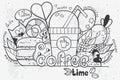 Illustration of vector doodles drawn by hand on the theme of time for coffee Royalty Free Stock Photo