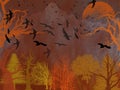 Illustration or vector of a fantasy of a forest on fire with flight of birds and a moon behind the mountains