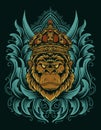 Illustration vector gorilla king with engraving ornament