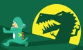 Illustration vector graphic of boy cartoon character wear dinosaur costume, afraid, fear and running from his own shadow.