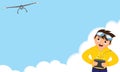 Illustration vector graphic of boy character playing drone with blank copy space text area.