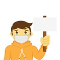 Illustration vector graphic cartoon character of boy wear masker holding a blank sign.