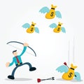 Illustration of businessman shot flying money