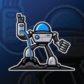 Illustration vector graphic cartoon character of robotic gunner holding machine gun with so many blue ice color bullet.