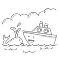 Illustration vector graphic cartoon character of Whale and Ship in outline doodle art kawaii style. Royalty Free Stock Photo