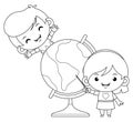 Smiley Girl Pointing and Boy Learning With The World Globe Illustration