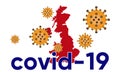 Illustration vector graphic of Coronavirus outbreak warning against an United Kingdom map background. Corona virus outbreak with Royalty Free Stock Photo