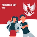 illustration vector graphic of a couple of teenagers standing together, showing the Indonesian national flag as a background