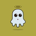 Illustration vector graphic of a cute ghost dressed in an angel. Dark yellow background.