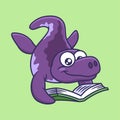 Cute Dino Mosasaurus reading a book cartoon character vector illustration
