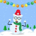 Illustration vector graphic of the cute snowman using santa claus hat and green scarf holding a snowball. Blue background. Good Royalty Free Stock Photo