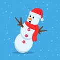 Illustration vector graphic of the cute snowman using santa claus hat and red scarf who was slipping. Blue background. Suitable