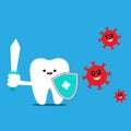 Cute tooth cartoon character vs virus and bacteria