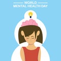 illustration vector graphic of a girl closes her eyes, showing a brain with a shining light icon