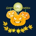 illustration Vector graphic of Halloween background. Halloween pumpkins and maple leaves on dark blue background. Good for