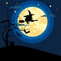 Illustration vector graphic of halloween night background with flying witch, bats colony, and a tombstone under dead tr flat style