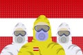 Illustration vector graphic of image health workers in protective hazmat suit isolated on Austria flag background. Safety virus