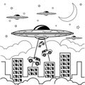 Illustration Vector Graphic Coloring Book of Giant UFO Steals Cars