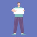 Illustration vector graphic of man cartoon character with paper holding pose in flat design. Business concept. Blue background.