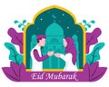 Illustration vector graphic of Muslim couple shaking hands, showing mosque and plants in the background