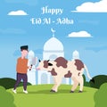 Illustration vector graphic of a muslim holding a knife in front of a cow