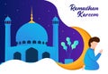 Illustration vector graphic of muslim people who are praying. Good for illustration, posters, UI, UX Ramadan moment