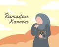 Illustration vector graphic of a Muslim woman is carrying the Quran in the desert during the day and saying ramadan kareem