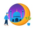 Illustration vector graphic of Muslims walking to the mosque. Good for illustration, posters, UI, UX Ramadan moment