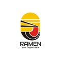 illustration vector graphic of red ramen in a black bowl taken with chopsticks showing a yellow background Royalty Free Stock Photo