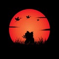 illustration vector graphic of Samurai training at night on a full moon. Perfect for wallpaper, poster, etc