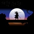 illustration vector graphic of Samurai training at night on a full moon. Perfect for wallpaper, poster, etc. Landscape wallpaper,