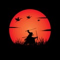 illustration vector graphic of Samurai training at night on a full moon. Perfect for wallpaper, poster, etc. Landscape wallpaper,