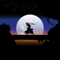 illustration vector graphic of Samurai training at night on a full moon. Perfect for wallpaper, poster, etc. Landscape wallpaper,