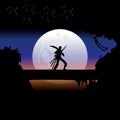 illustration vector graphic of Samurai training at night on a full moon. Perfect for wallpaper, poster, etc. Landscape wallpaper,