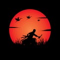 illustration vector graphic of Samurai training at night on a full moon. Perfect for wallpaper, poster, etc. Landscape wallpaper,