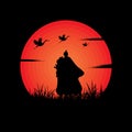illustration vector graphic of Samurai training at night on a full moon. Perfect for wallpaper, poster, etc. Landscape wallpaper,