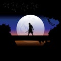 Samurai training at night on a full moon