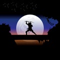 Samurai training at night on a full moon