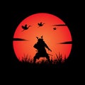 Samurai training at night on a full moon