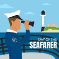 illustration vector graphic of a ship captain looking at the lighthouse tower with binoculars