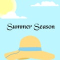 Illustration vector graphic of summer season with straw hat, sun, and clouds on blue background Royalty Free Stock Photo