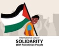 illustration vector graphic of a teenager carrying a Palestinian flag, showing of silhouette of protesters