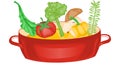 Illustration Vector Graphic of Vegetables enter the boiling water in a red pan and will be made into soup Royalty Free Stock Photo