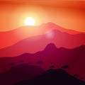 Illustration vector graphic of view of the silhouette of a sunset in the beautiful mountains. Orange gradient background. Fit for Royalty Free Stock Photo